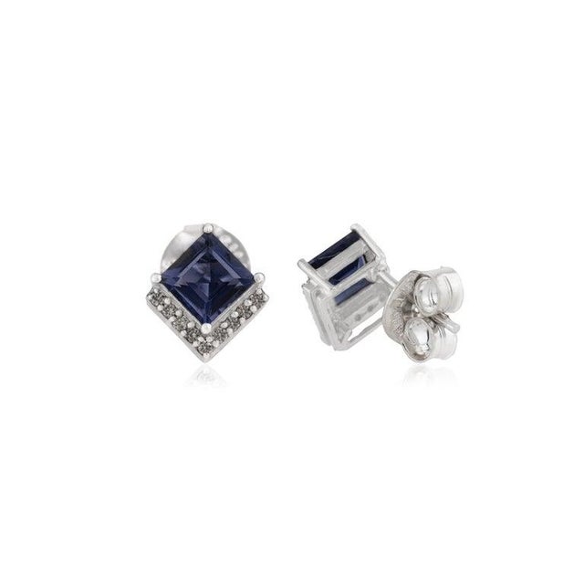 Metal 925 Silver Square Cut Iolite Gemstone Stud Earrings With Diamond- A Pair For Sale - Image 7 of 11