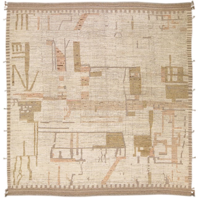 Modern Boho Chic Moroccan Style Handmade Abstract Beige Square Wool Rug For Sale - Image 10 of 10