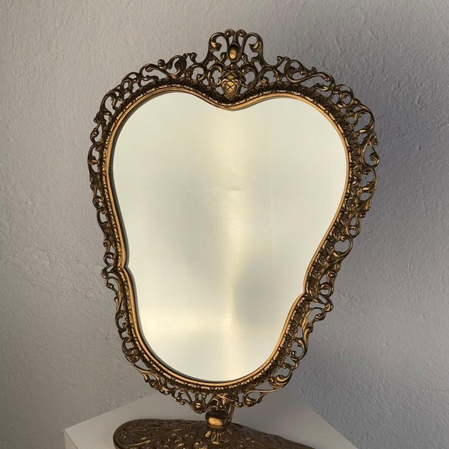 Italian Liberty Gilt Brass Table Mirror with Pierced Frame, 1900s For Sale - Image 3 of 18