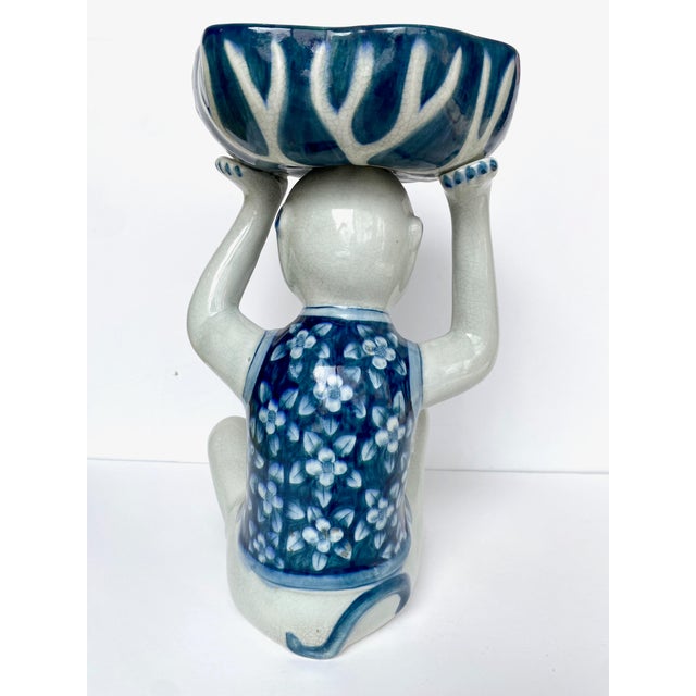 Chinoiserie Vintage Blue and White Chinoiserie Monkey Holding Bowl For Sale - Image 3 of 9