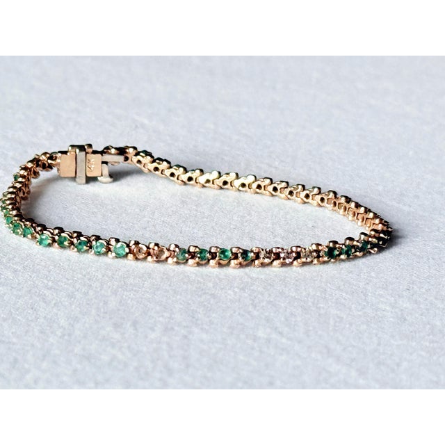 Vintage 14k Yellow Gold Natural Emerald & Diamond Tennis Bracelet For Sale - Image 12 of 15