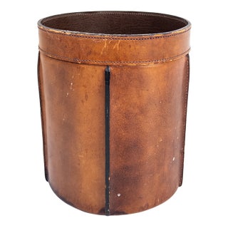 Mid-Century Modern French Cognac Leather Waste Bin, 1960s For Sale