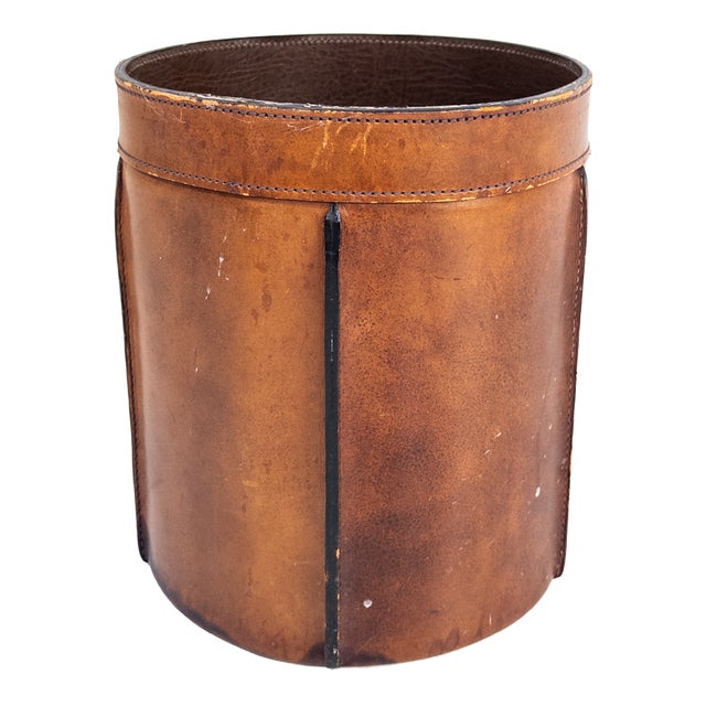 Mid-Century Modern French Cognac Leather Waste Bin, 1960s For Sale