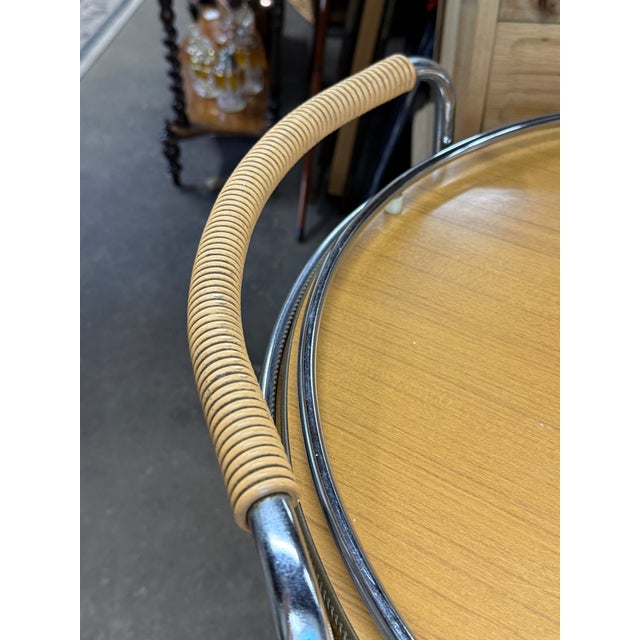 Wood Vintage French Mid-Century Chrome & Wood Two-Tier Bar Cart With Removable Tray For Sale - Image 7 of 10
