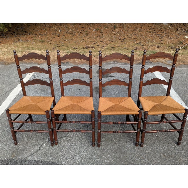 Vintage Set of Four Colonial-Style Ladderback Dining Chairs With Rush Seats | Farmhouse, Shaker, French Country Style For Sale - Image 10 of 10