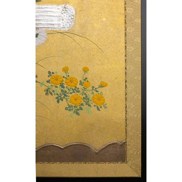 Japanese Japanese Rimpa Two-Panel Screen With Chrysanthemums and Silver Twig Fence, Late 19th Century For Sale - Image 3 of 10