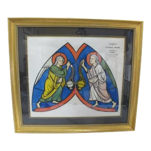 Framed Colorful Stained Glass of Le Mans Cathedral France Lithograph Print