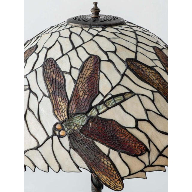 Vintage Art Nouveau Dragonfly Leaded Glass Table Lamp with Bronze Base in the style of Tiffany For Sale - Image 10 of 18
