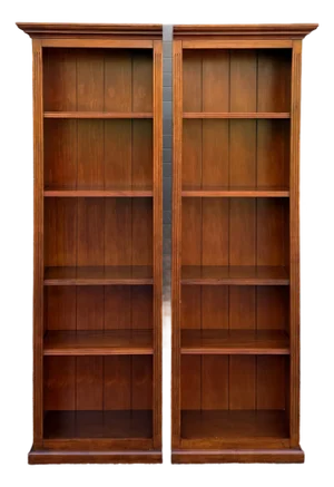 2000s Ballard Designs Tuscan Pine Left and Right Bookcases in Antique Cherry Finish - A Pair