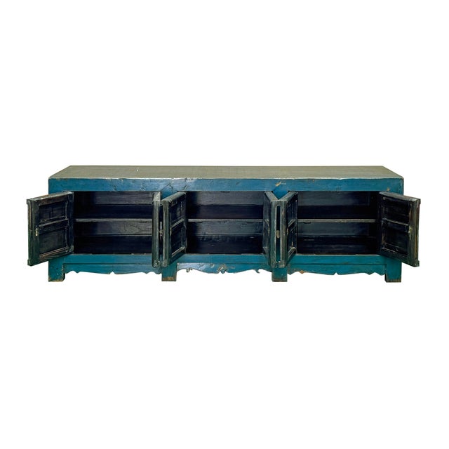 1990s Vintage Distressed Cerulean Blue Doors Low Tv Stand Console Table Cabinet For Sale - Image 5 of 12