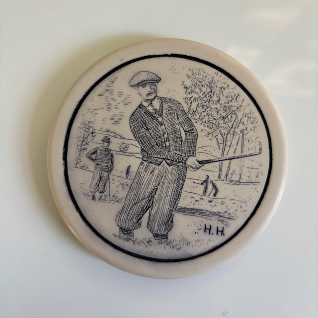 French Country Mid 20th Century Comoys of London Set of English Sporting Scrimshaw Faux Whale Bone Ivory Coasters For Sale - Image 3 of 12