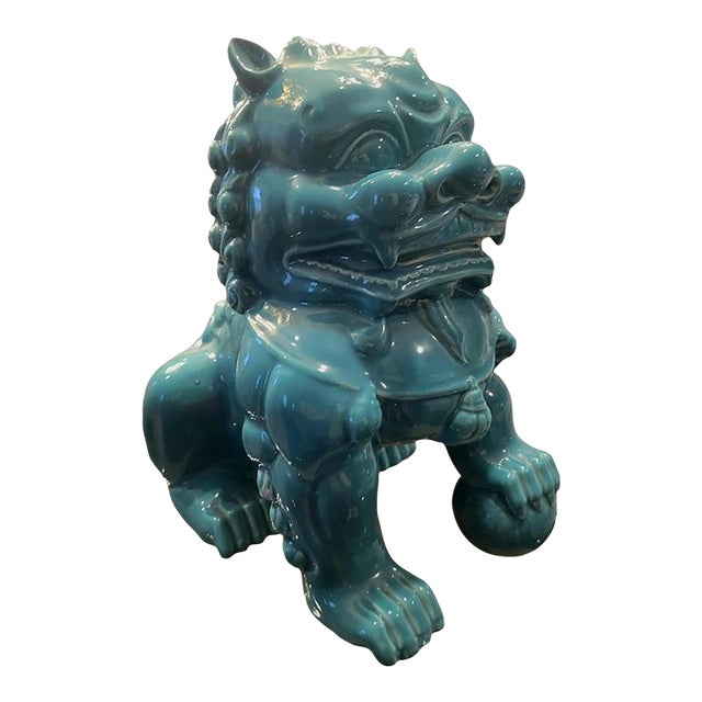 1990s Chinoiserie Teal Blue Ceramic Decorative Foo Dog Statue Room Decor For Sale