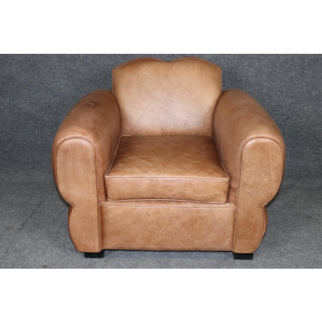 Brown Pair Restored French Art Deco Style Leather Distressed Moustache Club Chairs For Sale - Image 8 of 14