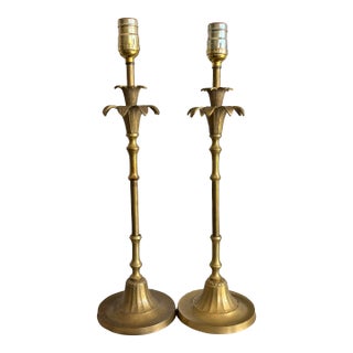 Chinoiserie / Palm Beach Style Faux-Bamboo Palm Tree Brass Buffet Lamps, a Pair For Sale
