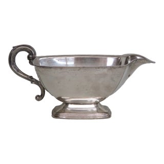 Mid 20th Century Metal Gravy Boat Silver Plated Sauce Serving Dish With Scrollwork Handle For Sale