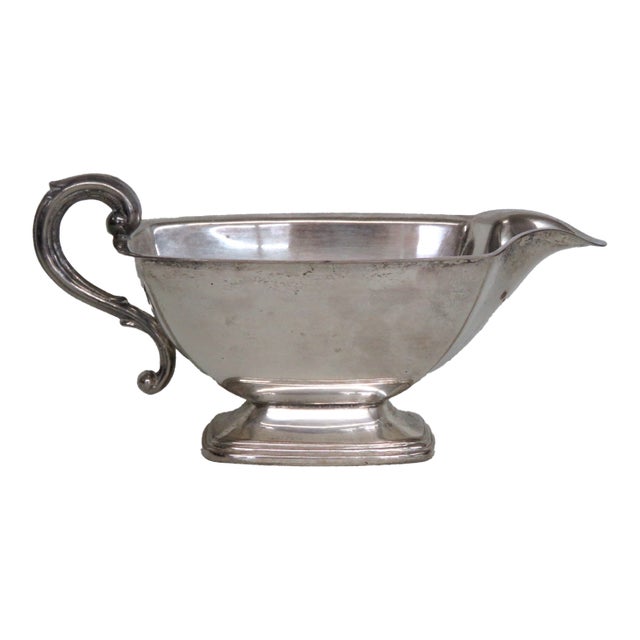 Mid 20th Century Metal Gravy Boat Silver Plated Sauce Serving Dish With Scrollwork Handle For Sale