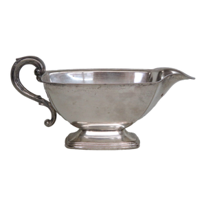 Mid 20th Century Metal Gravy Boat Silver Plated Sauce Serving Dish With Scrollwork Handle