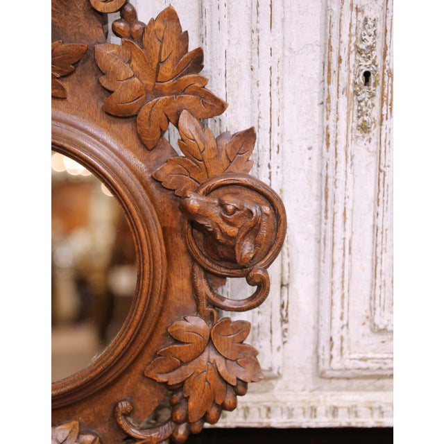 19th Century French Black Forest Carved Oak Wall Mirror With Hunting Motifs For Sale - Image 4 of 7