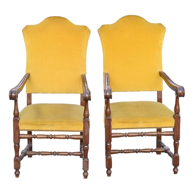 Armchairs in Carved Wood and Yellow Velvet, 1980s, Set of 2 For Sale