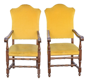 Armchairs in Carved Wood and Yellow Velvet, 1980s, Set of 2