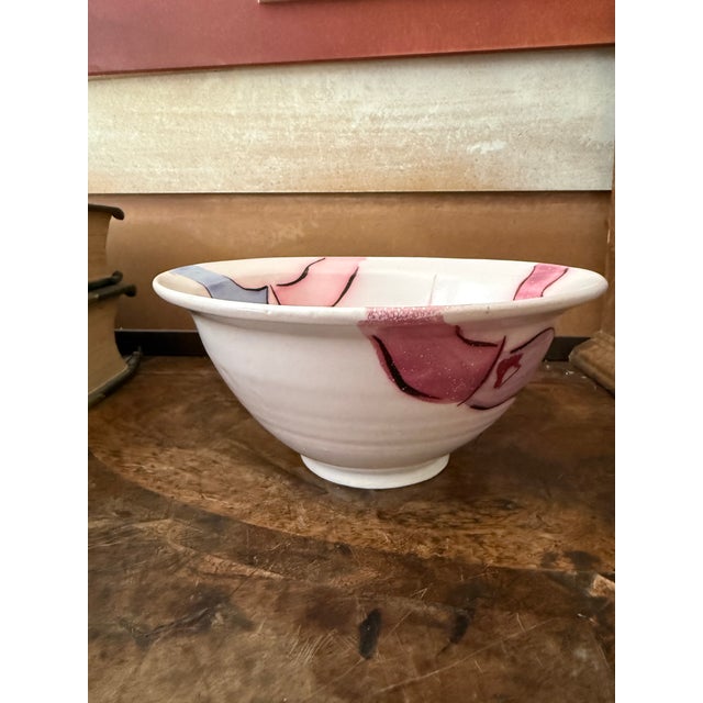 Pink Vintage Studio Pottery Bowl 7.5 Inch Wheel Thrown Hand Painted Abstract Pink and Blue Ceramic For Sale - Image 8 of 9