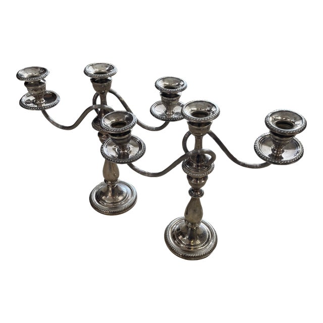 Late 20th Century Sterling Silver Three Light Candelabras- a Pair For Sale