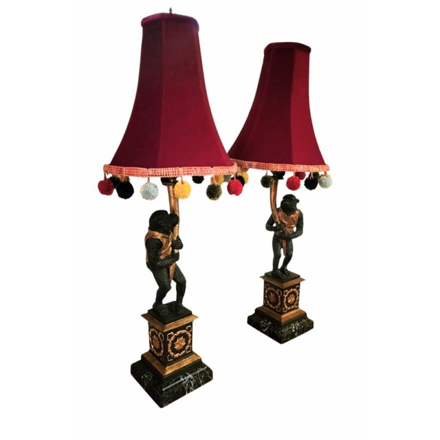 Stone Vintage Customized Palm Beach Regency Monkey Parasol Marble Base Ball Fringe Table Lamps- A Pair For Sale - Image 7 of 12