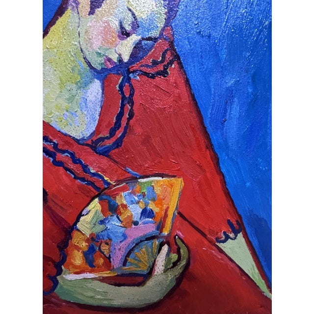 Paper Oil Painting Girl in Red With a Fan Victor Konotopsky For Sale - Image 7 of 9