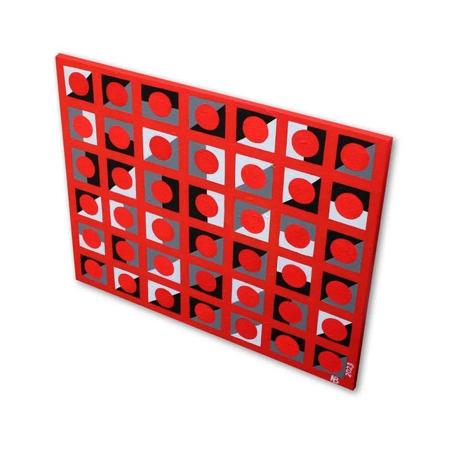 Dynamic composition with red circles painted with acrylic on canvas. Vibrant piece will definately lift any wall.