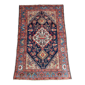Antique Malayer Rug With Navy Medallion and Floral Border – 6' X 4'2"
