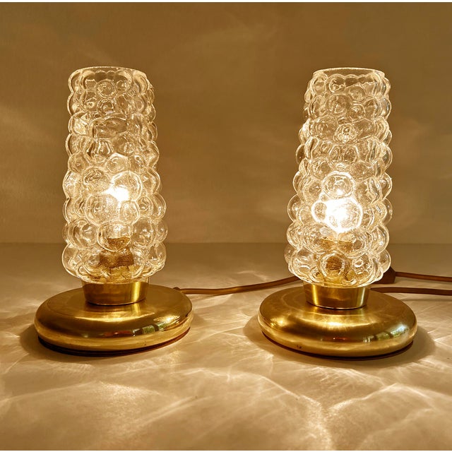 Pair of space age bubble glass table lamps, brass base, 1970s Very good condition, light wear, fully rewired with earth...