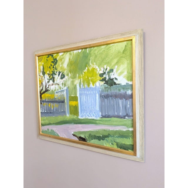 1961 Mid-Century Modern 'Garden Gate in Spring' Vintage Original Landscape Oil Painting, Framed For Sale - Image 4 of 10