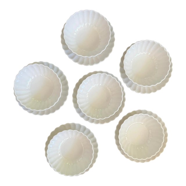 Japanese Chinese Asian Ceramic Porcelain Summer Rice Soup Bowls Plates Saucer Flower Shape White - Set of 6 For Sale