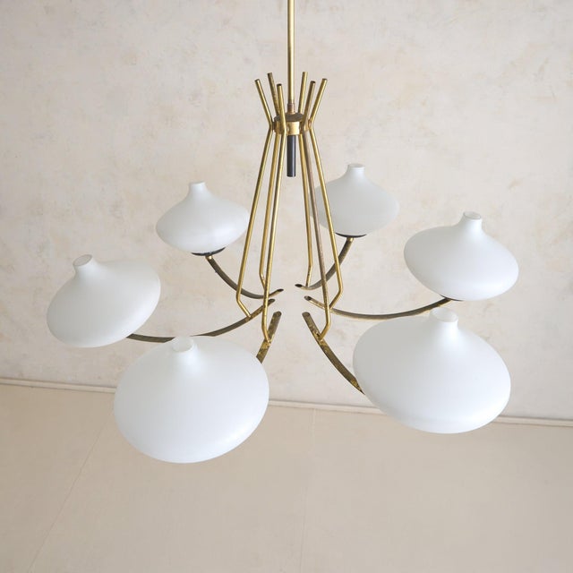 Italian Brass + Opaline Glass Chandelier in the Manner of Stilnovo, 1950s For Sale - Image 4 of 12