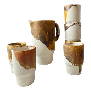 Mid-Century Modernist Studio Pottery Drip Glaze Ceramic Cups and Pitcher, 1960s, Set of 7 For Sale