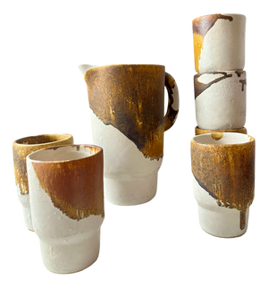 Mid-Century Modernist Studio Pottery Drip Glaze Ceramic Cups and Pitcher, 1960s, Set of 7