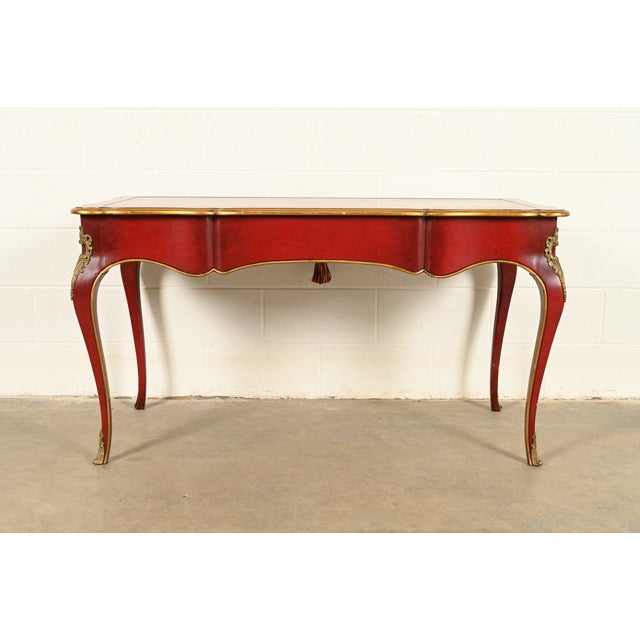 John Widdicomb French Louis XV Red Lacquered Leather Top Bureau Plat Desk With Mounted Bronze Ormolu For Sale - Image 12 of 13