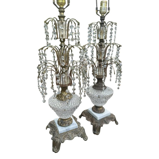 1930s Hollywood Regency Brass & Cut Waterfall Crystal Lamps - Set of Two For Sale - Image 4 of 11
