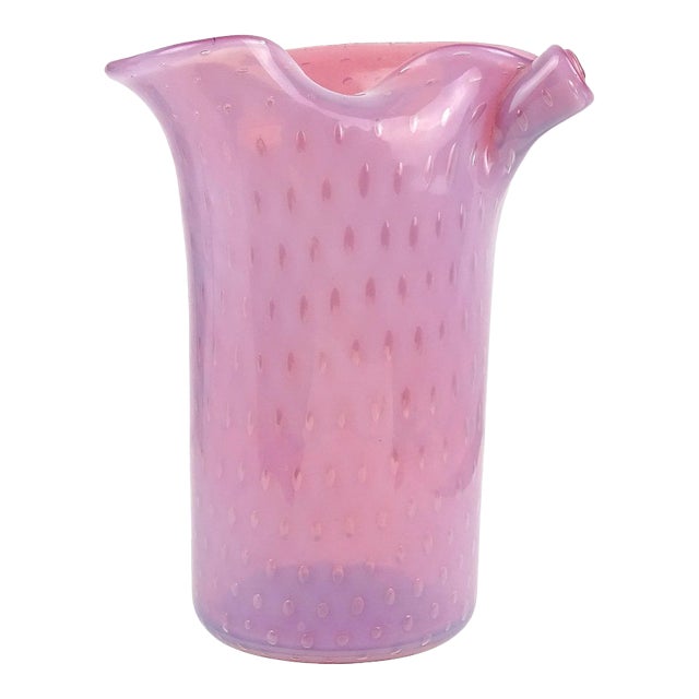 Murano Fratelli Toso Opalescent Pink Bubbles Vintage Italian Art Glass Scroll Top Flower Vase With Label For Sale