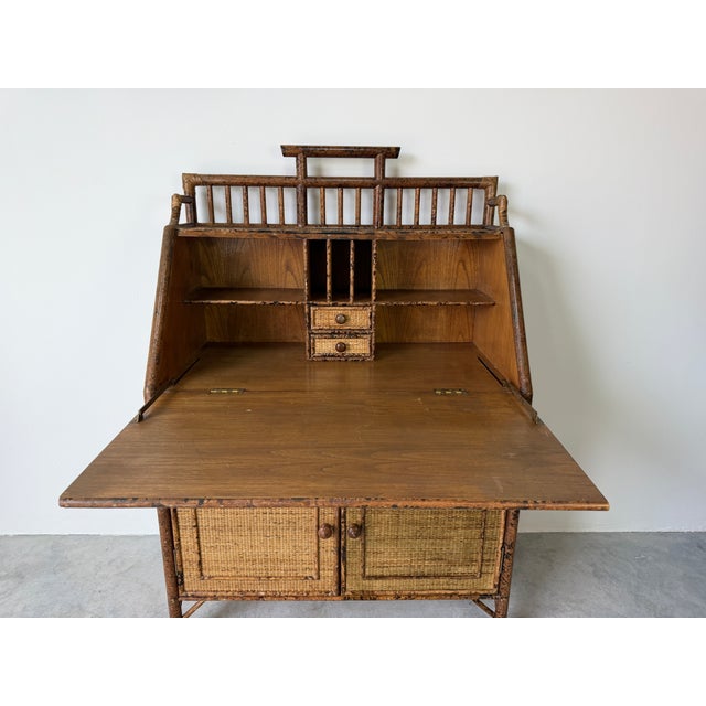 1970’s Vintage Burnt Bamboo & Woven Rattan Drop Front Secretary Desk ...
