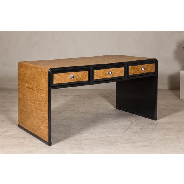 Rattan over Wood Waterfall Desk with Black Lacquer Finish and Three Drawers For Sale - Image 12 of 12