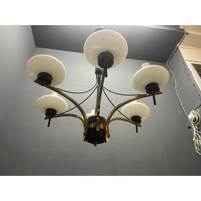 Metal Vintage Brass and Opaline Glass Six-Light Chandelier, 1950s For Sale - Image 7 of 12