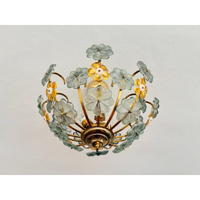 Vintage Italian Hand-Painted Sage Green Glass & Brass Floral Flush Mount Chandelier For Sale - Image 4 of 18