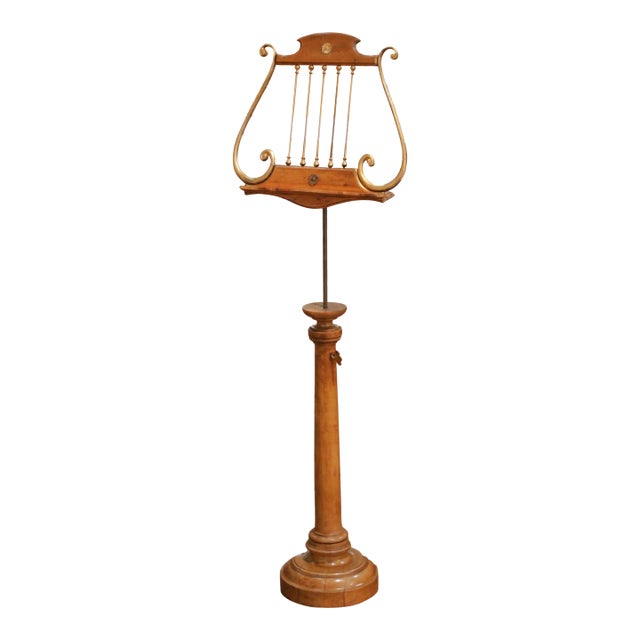19th Century French Walnut and Brass Adjustable Lyre-Form Lutrin Music Stand For Sale