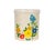 A hand-painted stoneware utensil holder jar. The front side is decorated with simple flowers in primary colors over a...