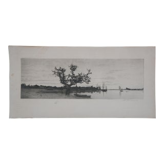 Antique Charles Xavier Harris Signed Tree Sailboat Coastal Seascape Etching 18" For Sale