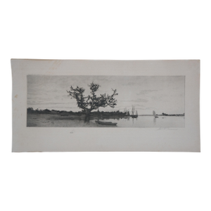 Antique Charles Xavier Harris Signed Tree Sailboat Coastal Seascape Etching 18"