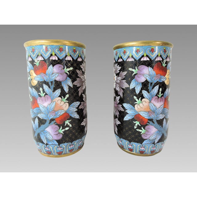 A pair of very pretty older Chinese Cloisonne vases (brush pots) decorated with a profusion of tastefully shaded flowers...