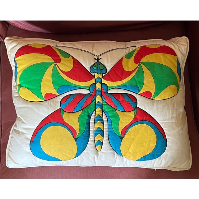 Textile Mid-Century Modern Rectangular Accent Pillow With Quilted Mod Graphic Butterfly Design Circa 1970 For Sale - Image 7 of 9