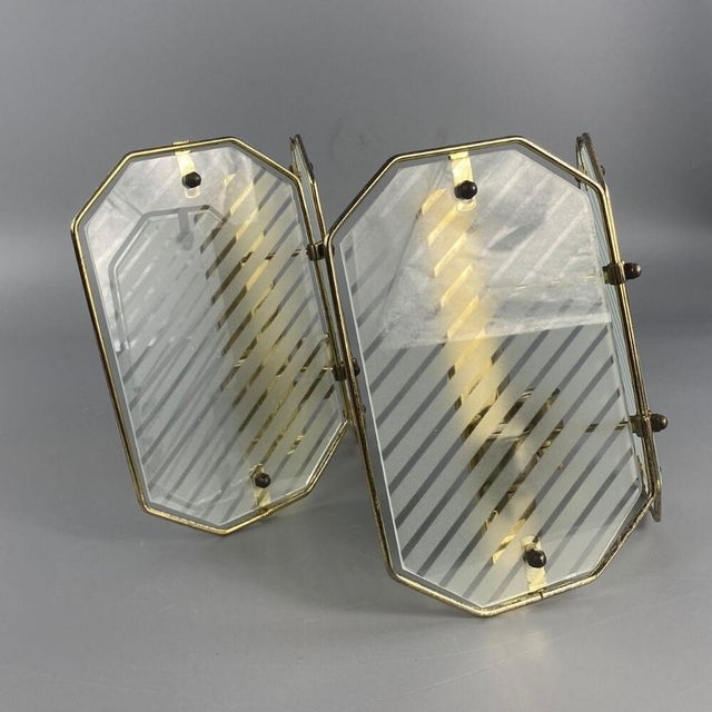 Spanish Vintage / Mid-Century Wall Lamp Pair. Striped milk glass, etched, set on an airy copper structure. The glass...